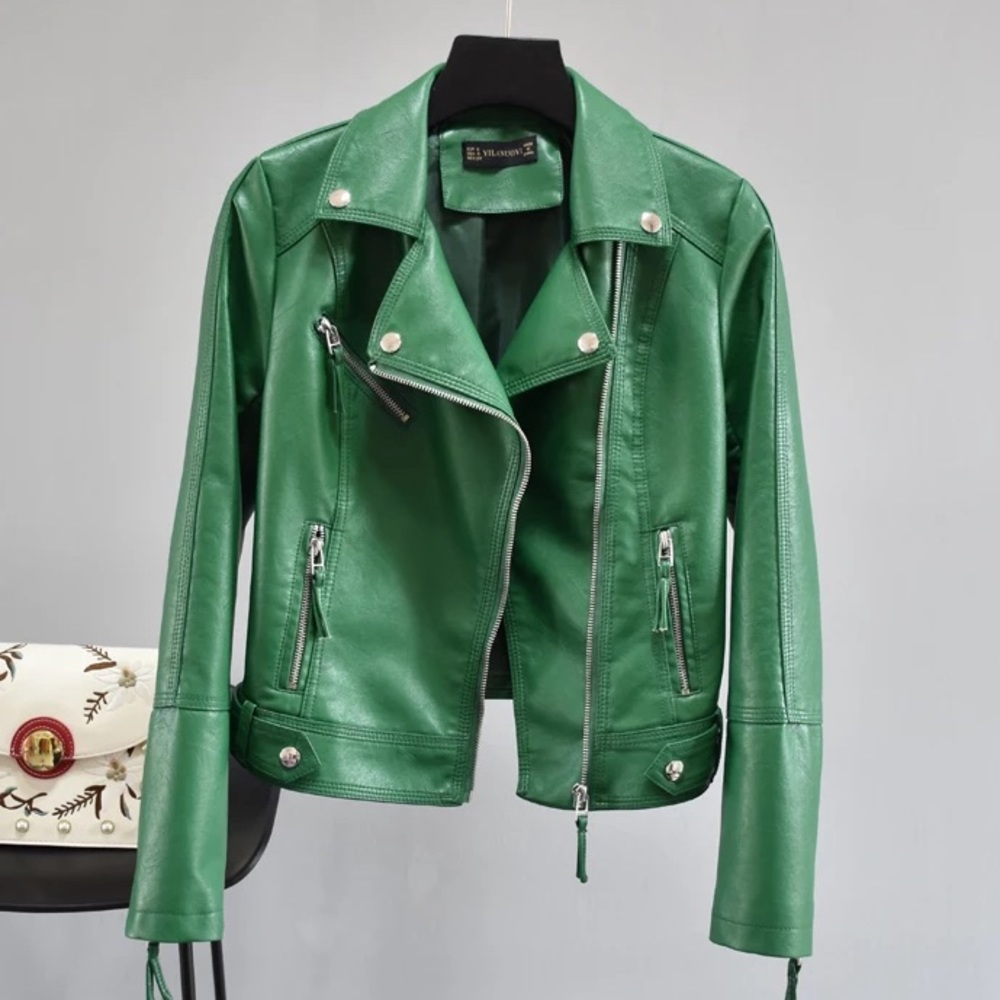 Faux leather women’s short moto jacket in green